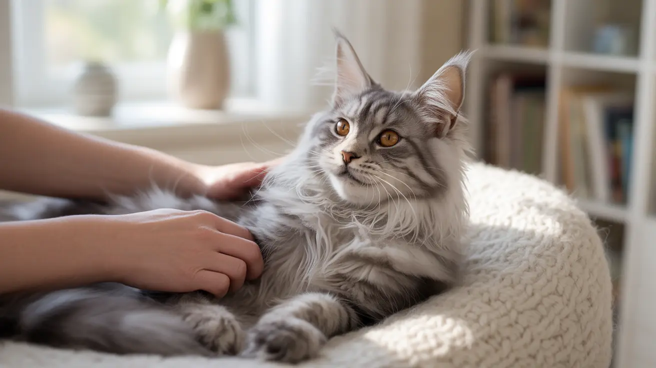 A fluffy gray Maine Coon cat relaxing on a soft white cushion with a hand gently petting its fur