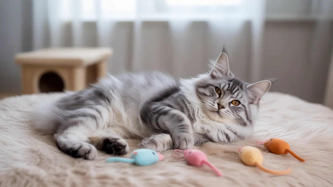 Silver and white Maine Coon cat relaxing on a white fur blanket with colorful mouse toys nearby