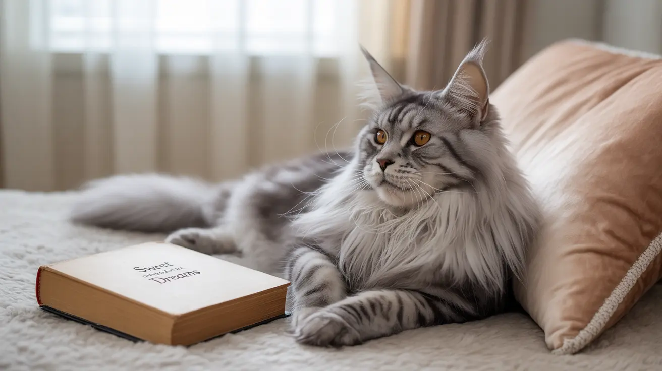Un majestuoso gato Maine Coon descansando elegantemente junto a un libro sobre una cama o sofá suave