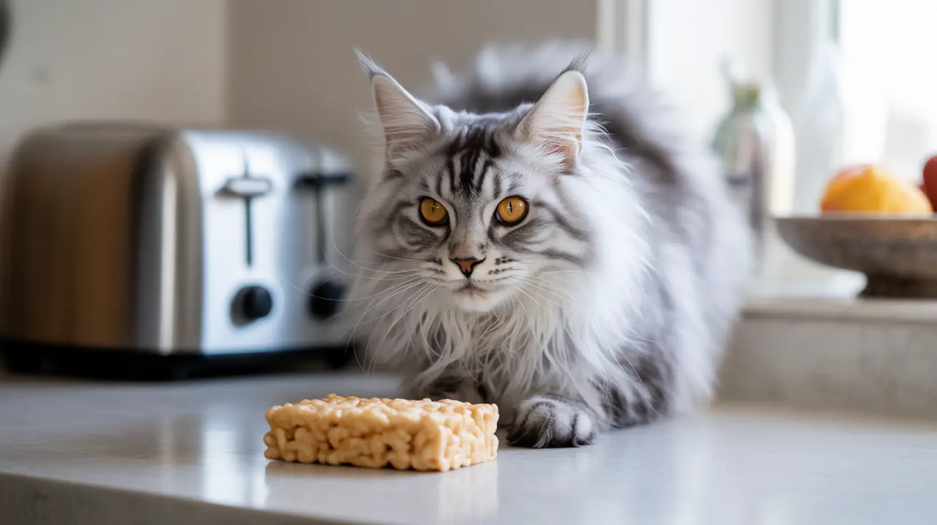A fluffy silver and white Maine Coon cat sitting near a Rice Krispie treat on a kitchen counter