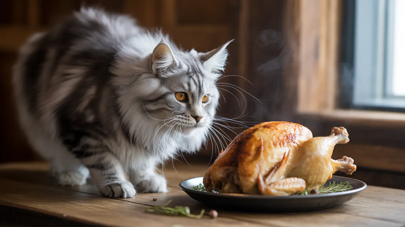 A fluffy Maine Coon cat sitting next to a roasted whole chicken on a plate