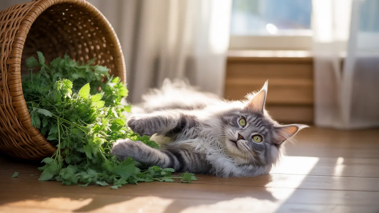 A gray and white Maine Coon cat relaxing near a woven basket of fresh green herbs