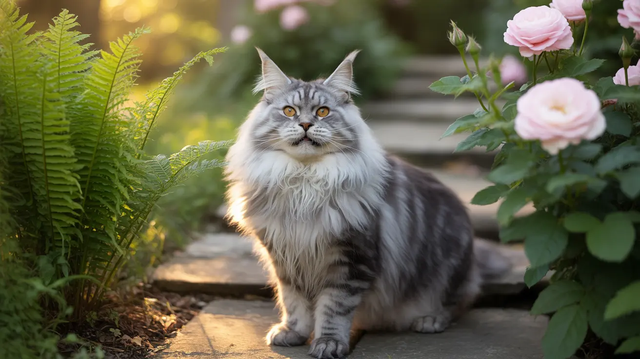 Un majestuoso gato Maine Coon sentado en un camino de piedra rodeado de exuberante vegetación y rosas rosadas