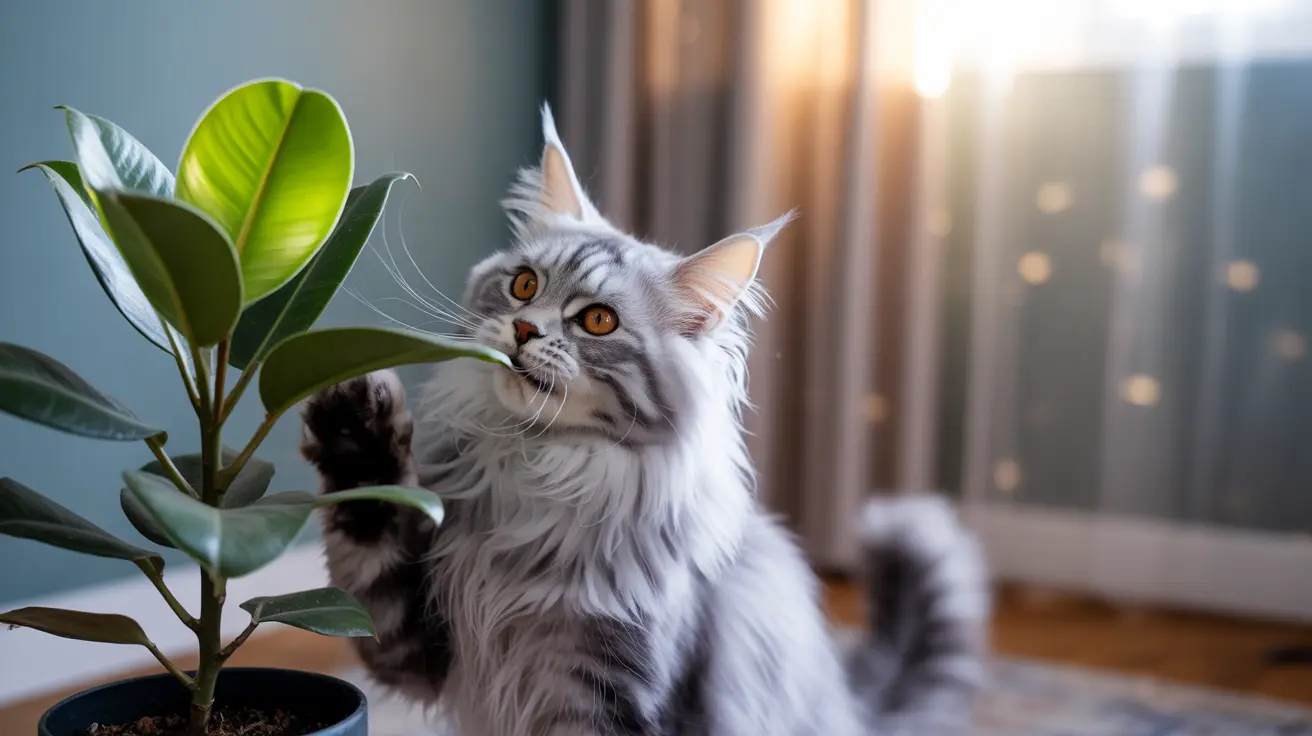 A fluffy white and grey Maine Coon cat sitting near a houseplant with bright green leaves