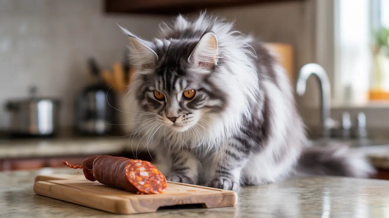 A fluffy Maine Coon cat sitting next to sliced salami on a wooden cutting board in a kitchen