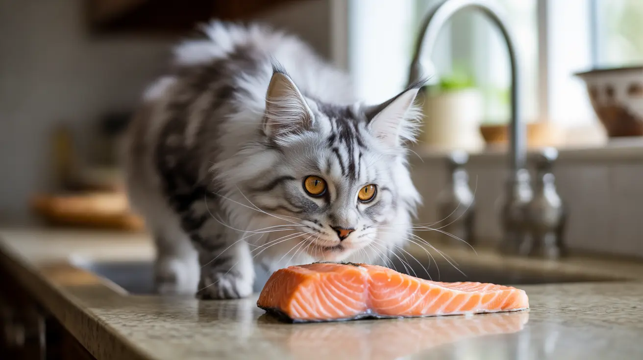 Un gato Maine Coon junto a un filete fresco de salmón en una cocina