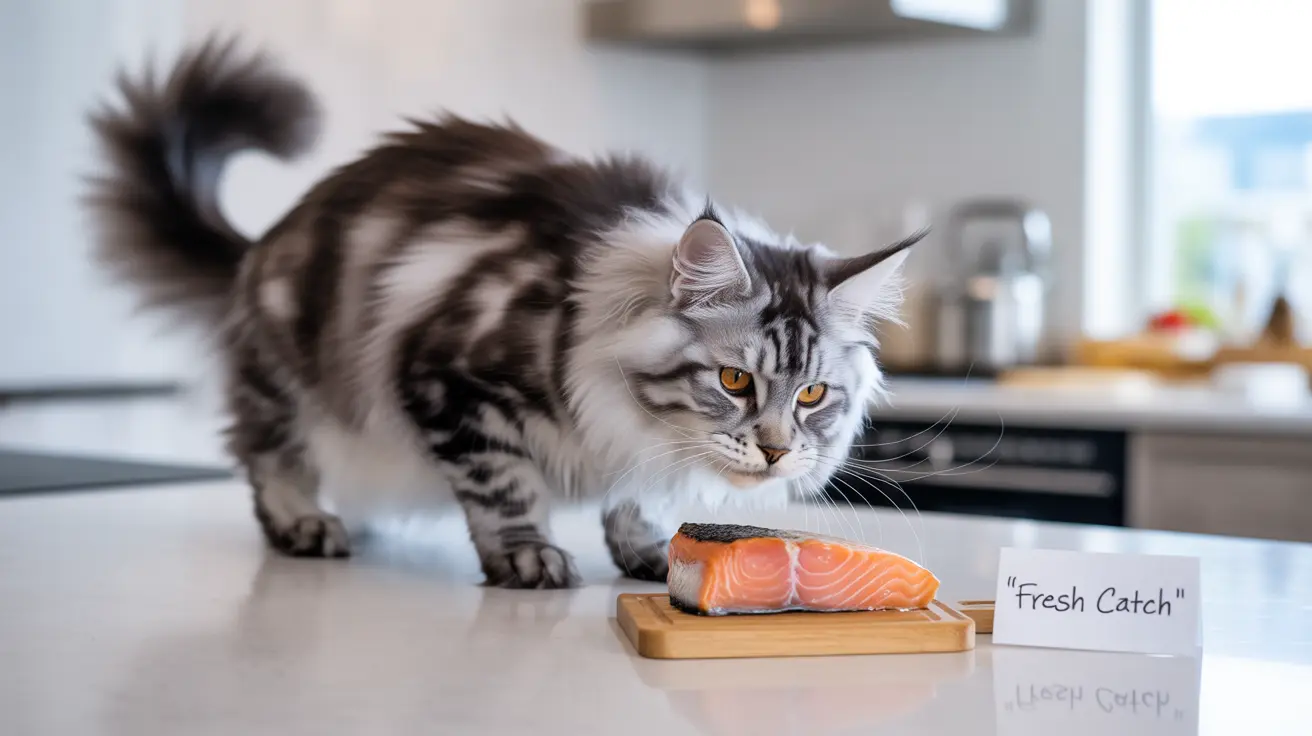A majestic Maine Coon cat examining a fresh piece of salmon on a wooden cutting board in a modern kitchen