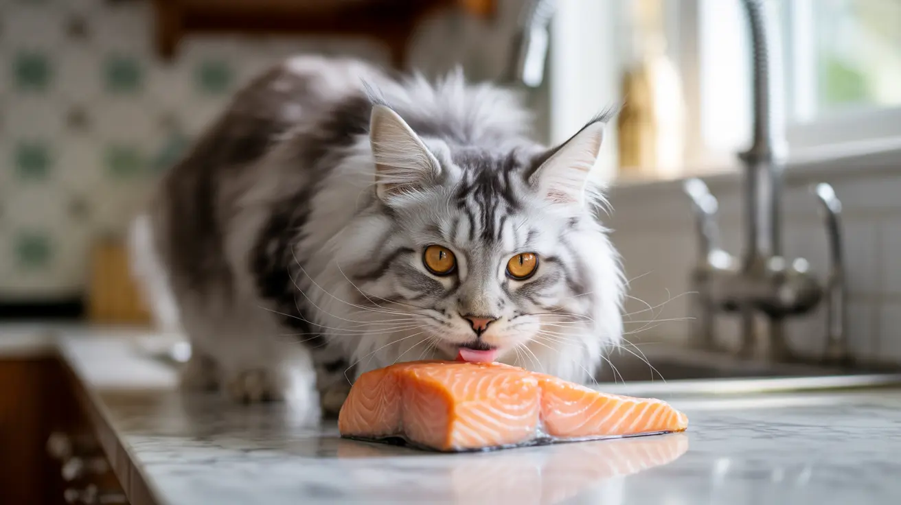 Un chat Maine Coon blanc et argent lèche ses lèvres à côté d'un filet de saumon frais sur un plan de marbre.