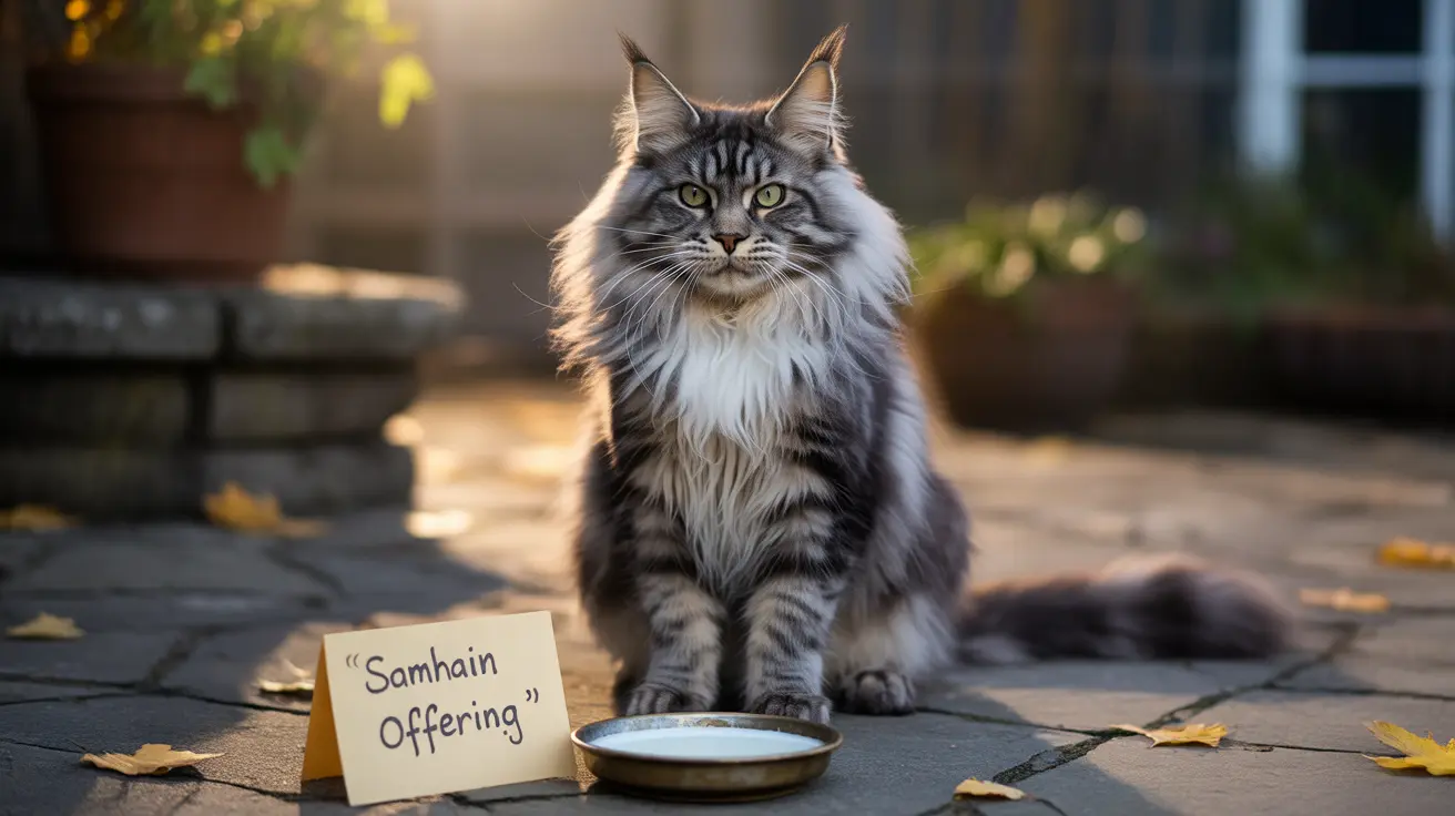 Majestic Maine Coon cat sitting on stone patio with Samhain Offering card and bowl in front