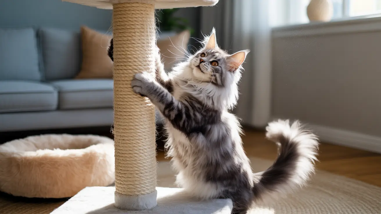 A fluffy black and white Maine Coon cat stretching on a rope-covered cat scratching post