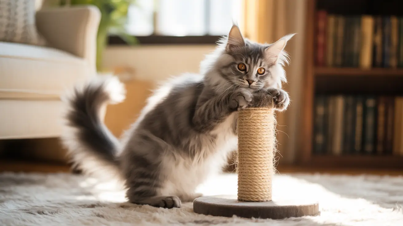 A fluffy gray and white Maine Coon cat resting on a sisal scratching post near a bookshelf and armchair.