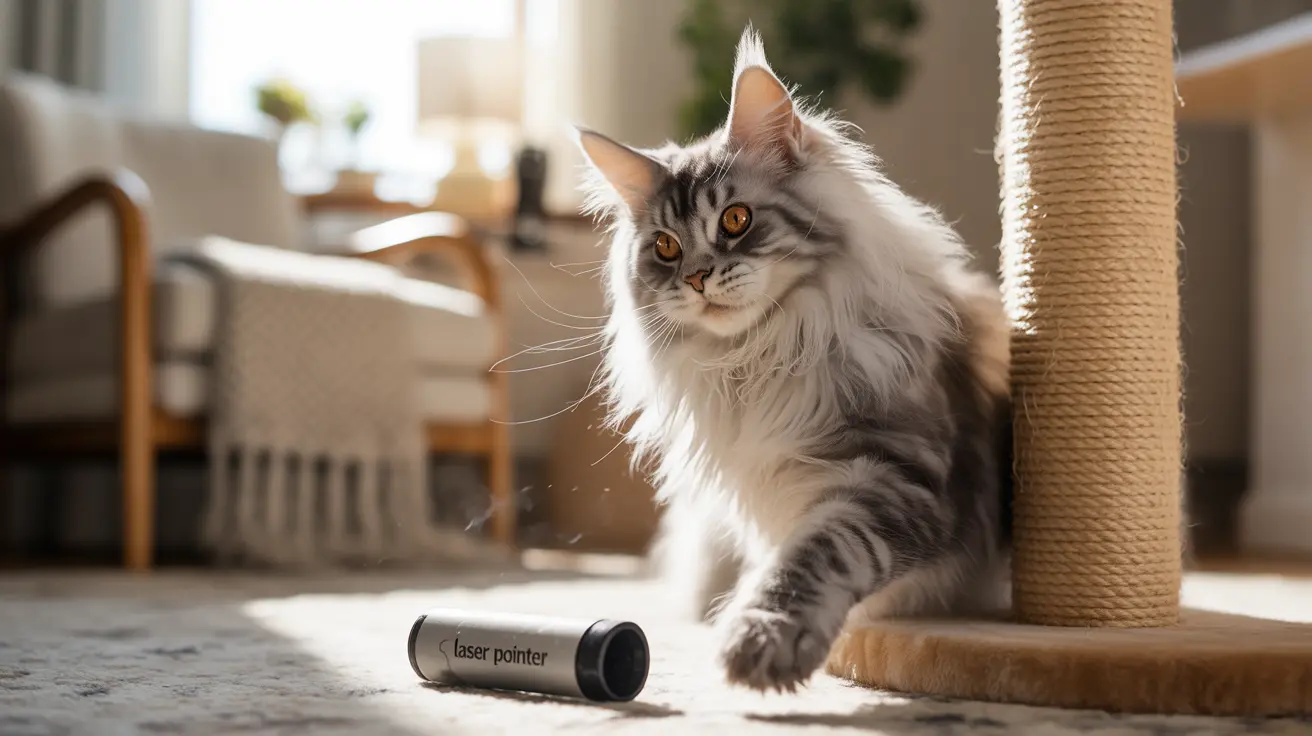 A fluffy Maine Coon cat sitting next to a cat scratching post with a laser pointer nearby