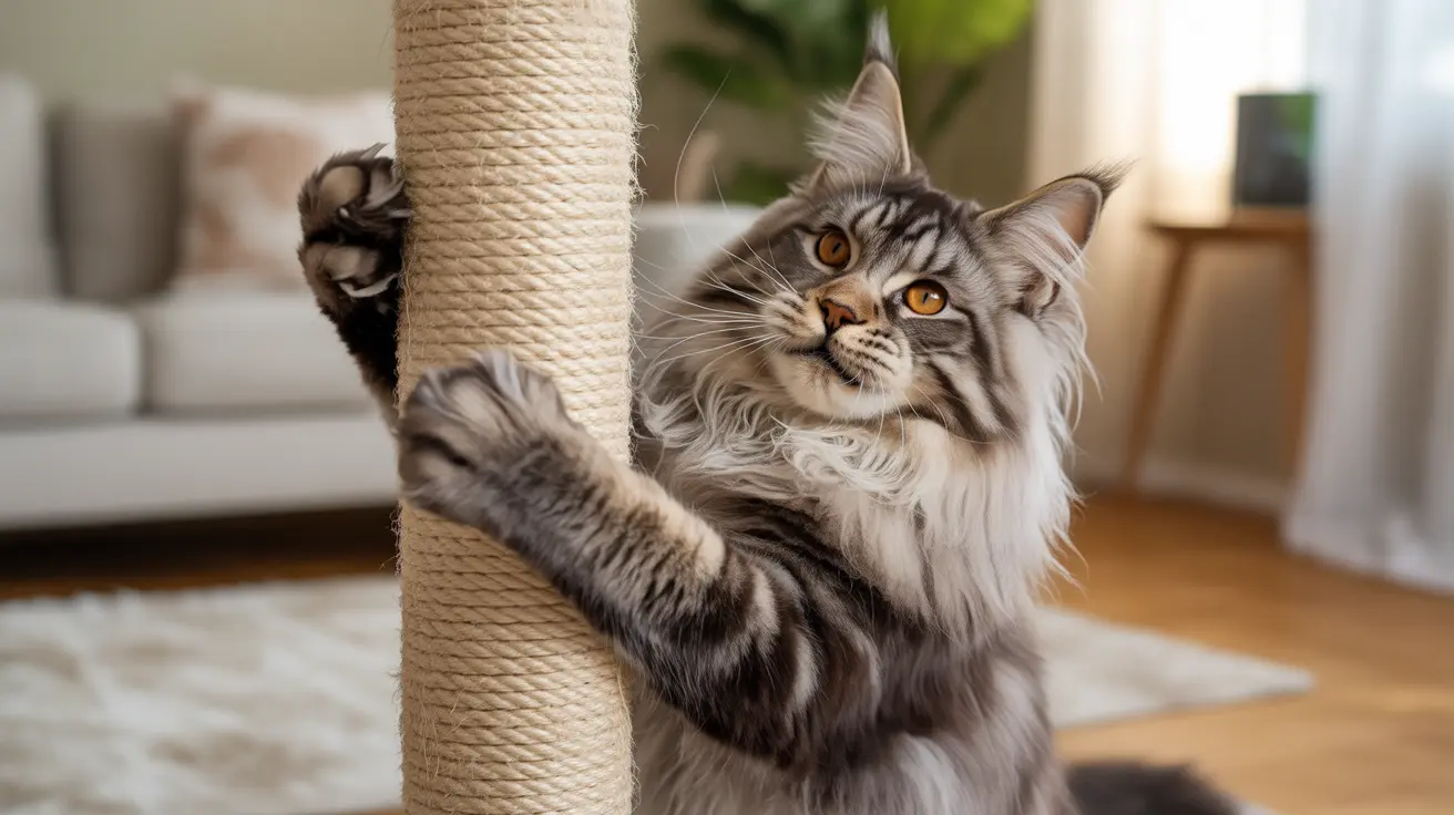 A majestic Maine Coon cat stretching on a rope scratching post in a cozy living room