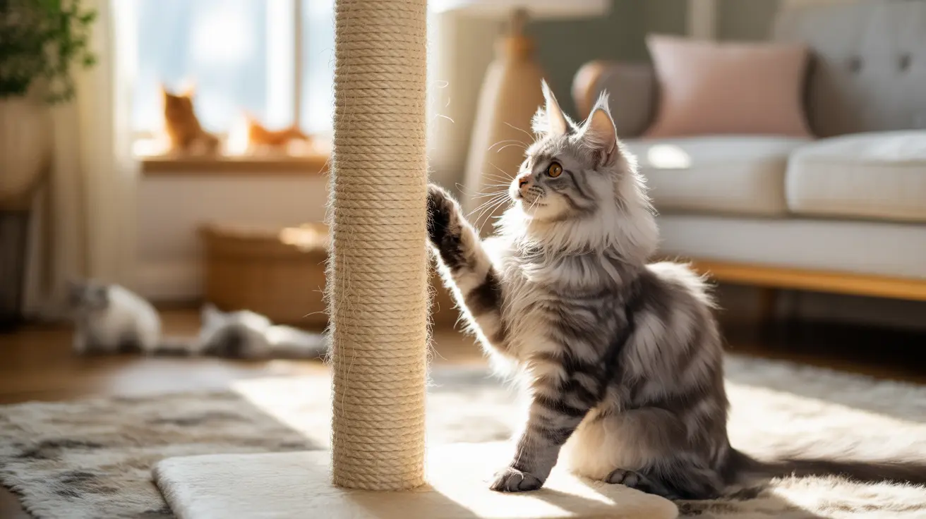 A fluffy Maine Coon cat sitting near a scratching post in a sunlit living room