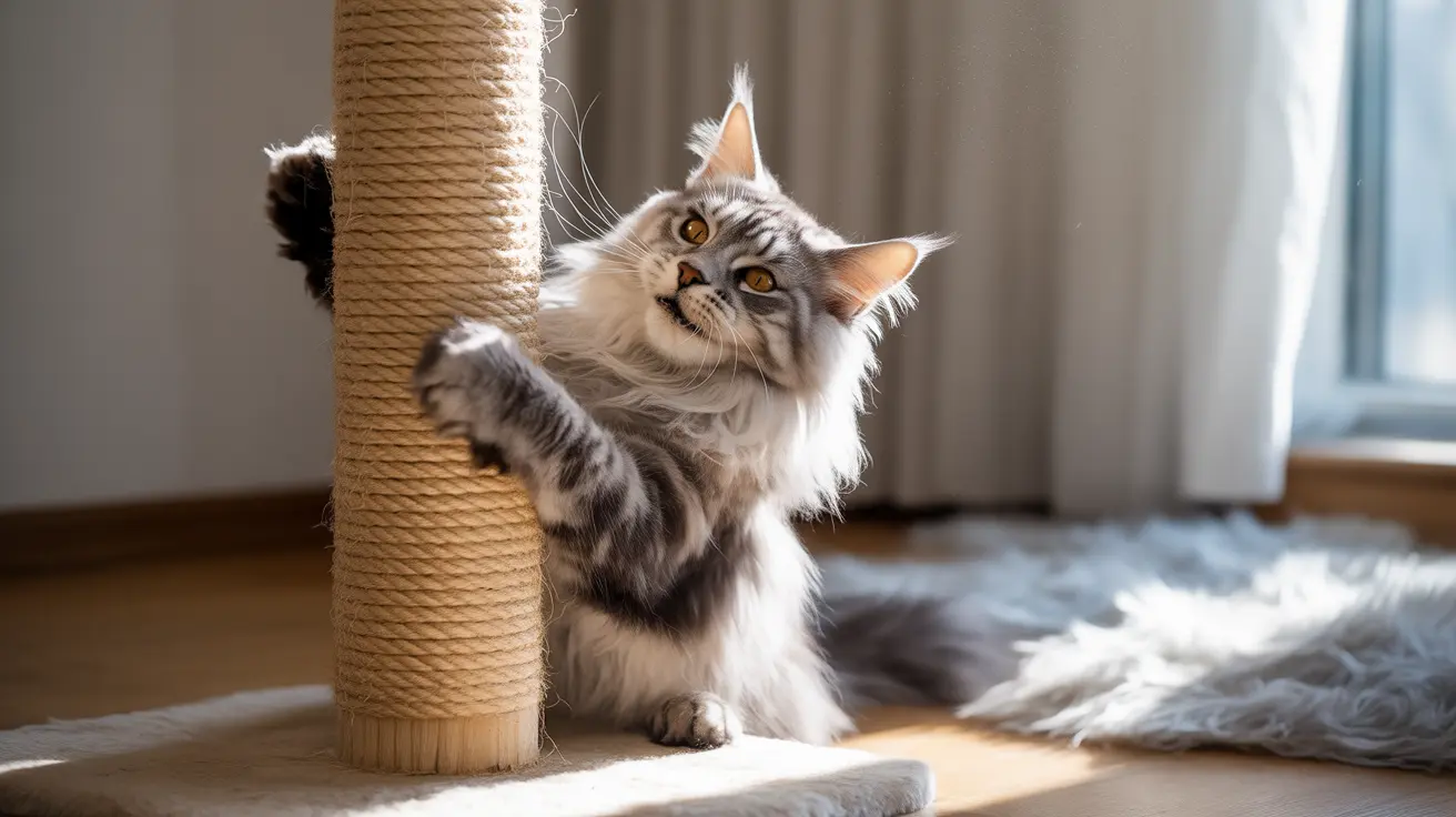 A fluffy Maine Coon cat stretching and scratching on a rope-covered cat scratching post near a window