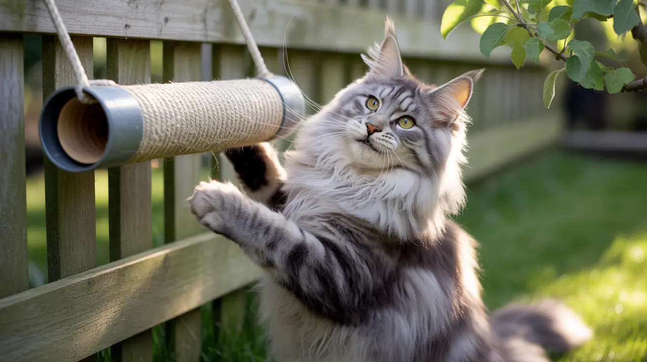 A fluffy gray and white Maine Coon cat reaching towards a scratching tube attached to a wooden fence