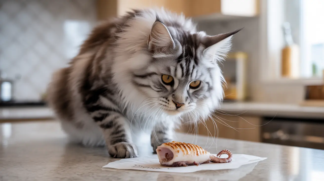 Fluffy Maine Coon cat intently eyeing a grilled piece of seafood on a kitchen counter
