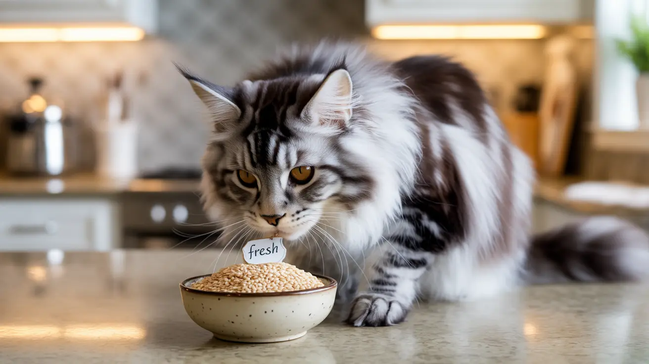 A majestic Maine Coon cat examining a bowl of fresh food in a modern kitchen