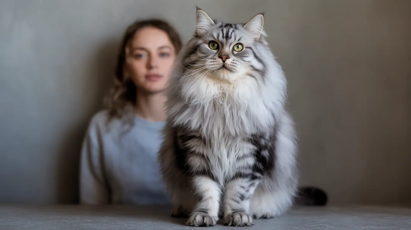 A fluffy silver and white Maine Coon cat sitting regally with a blurred person in the background.