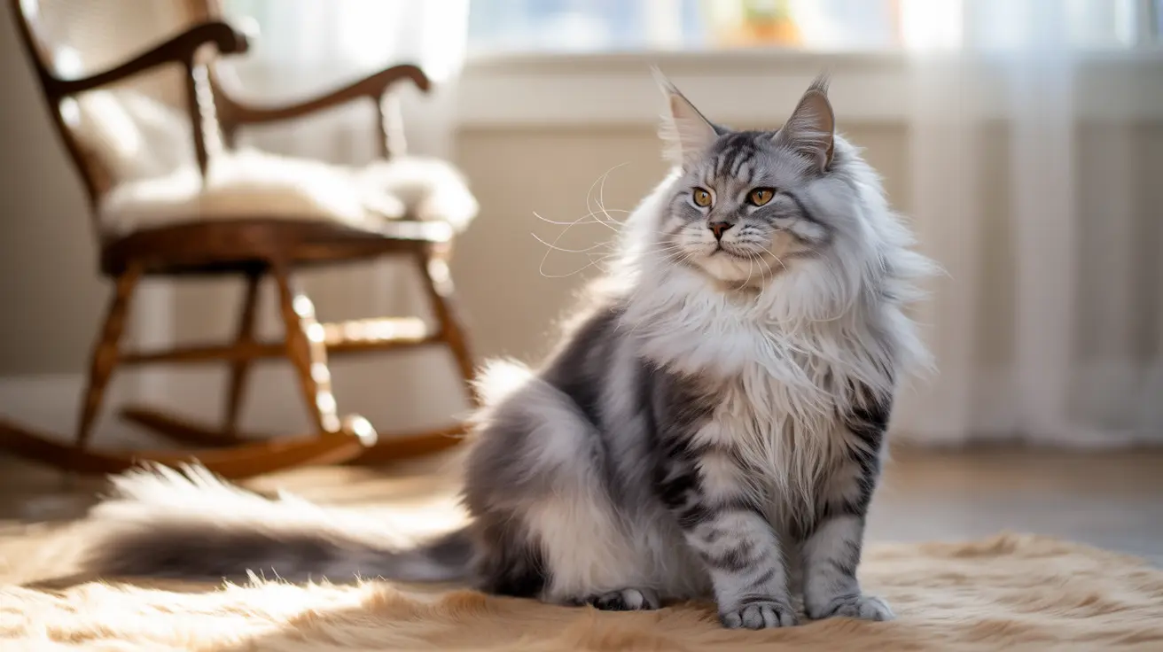 Fluffy silver and black tabby Maine Coon cat sitting on wooden floor in warm sunlight