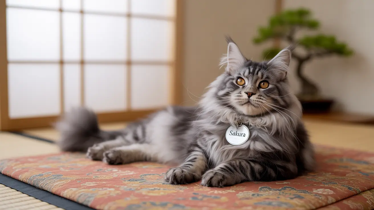 Majestic Maine Coon cat with long silver-gray fur sitting elegantly on a traditional Japanese patterned mat