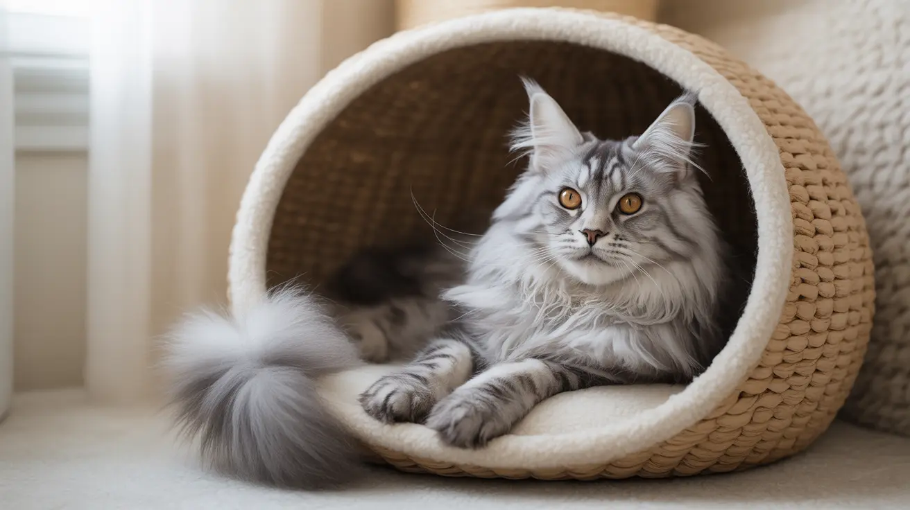 Fluffy silver tabby Maine Coon cat resting inside a woven cat bed