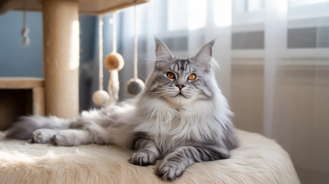 Maine Coon cat with silver tabby markings resting on cream cushion indoors