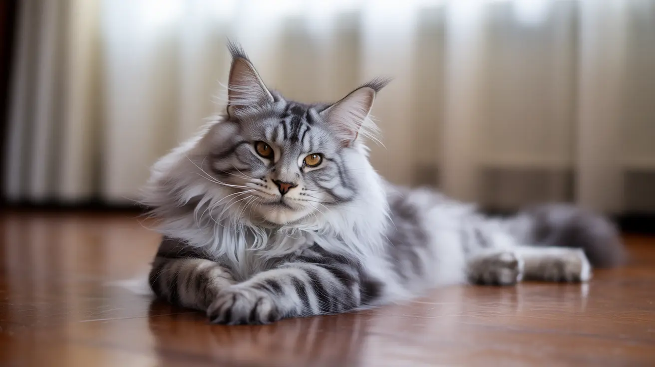 Maine Coon cat with silver tabby markings lying on a polished wooden floor indoors