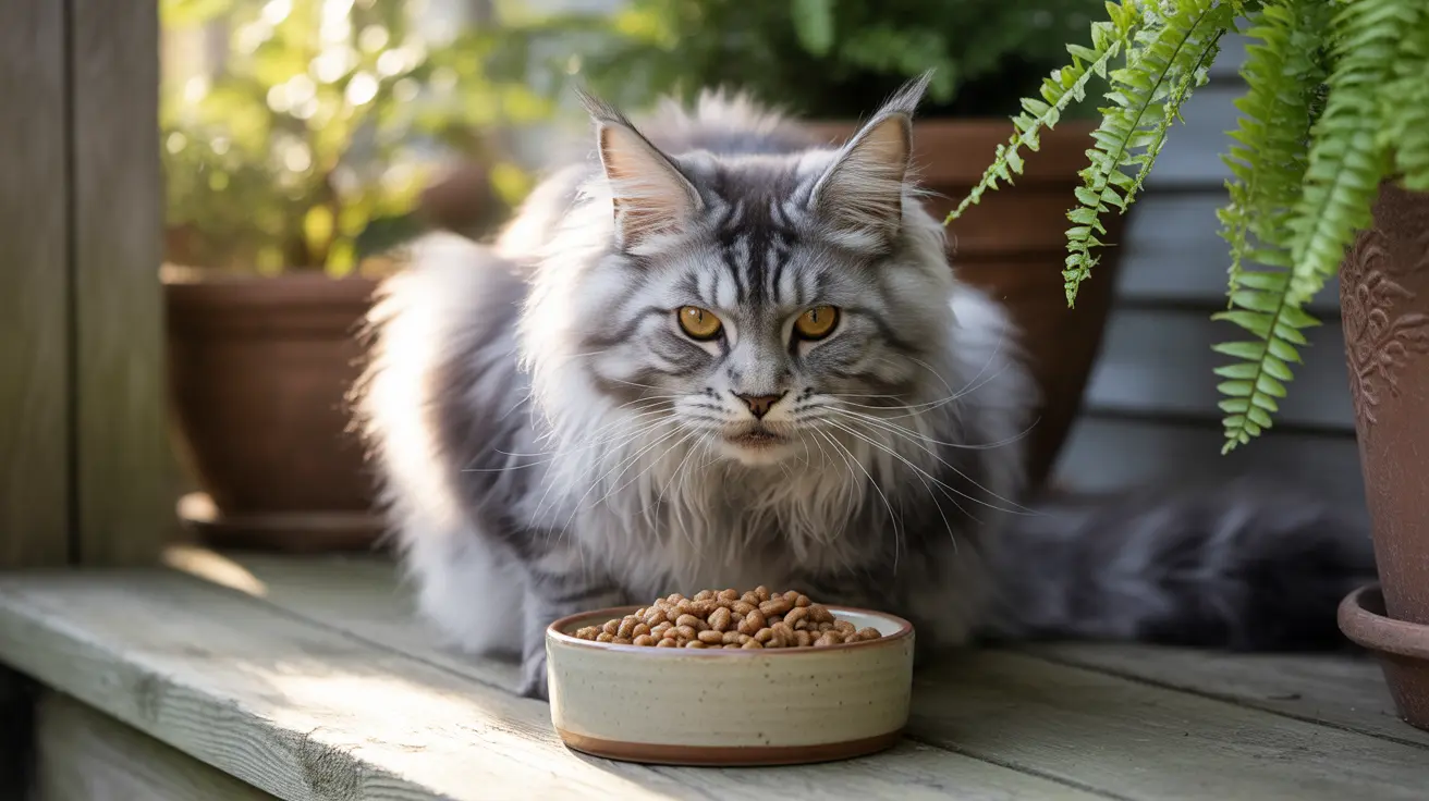 Fluffy silver tabby Maine Coon cat sitting beside a bowl of dry kibble on a wooden deck