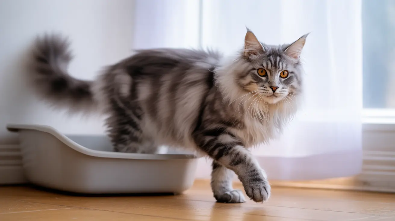Maine Coon cat with silver tabby markings standing beside a white litter box indoors