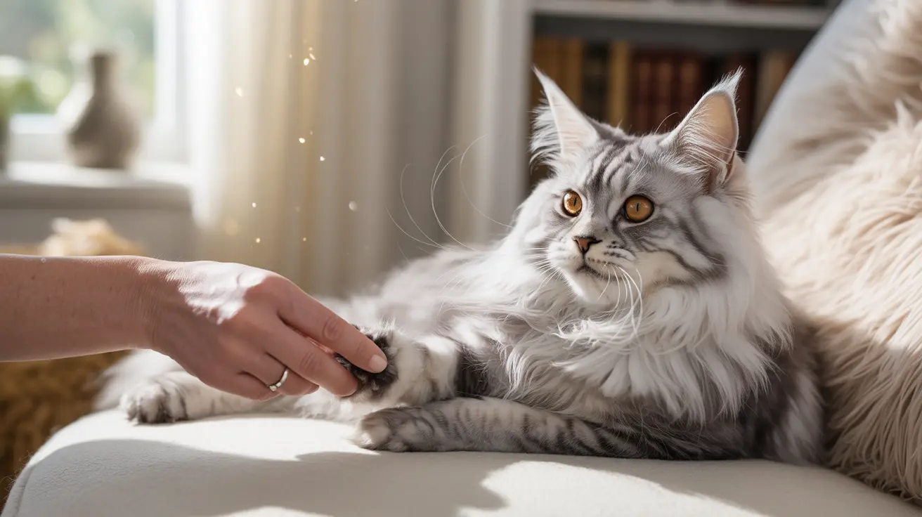 Maine Coon cat with silver tabby markings lying on beige sofa while being gently petted