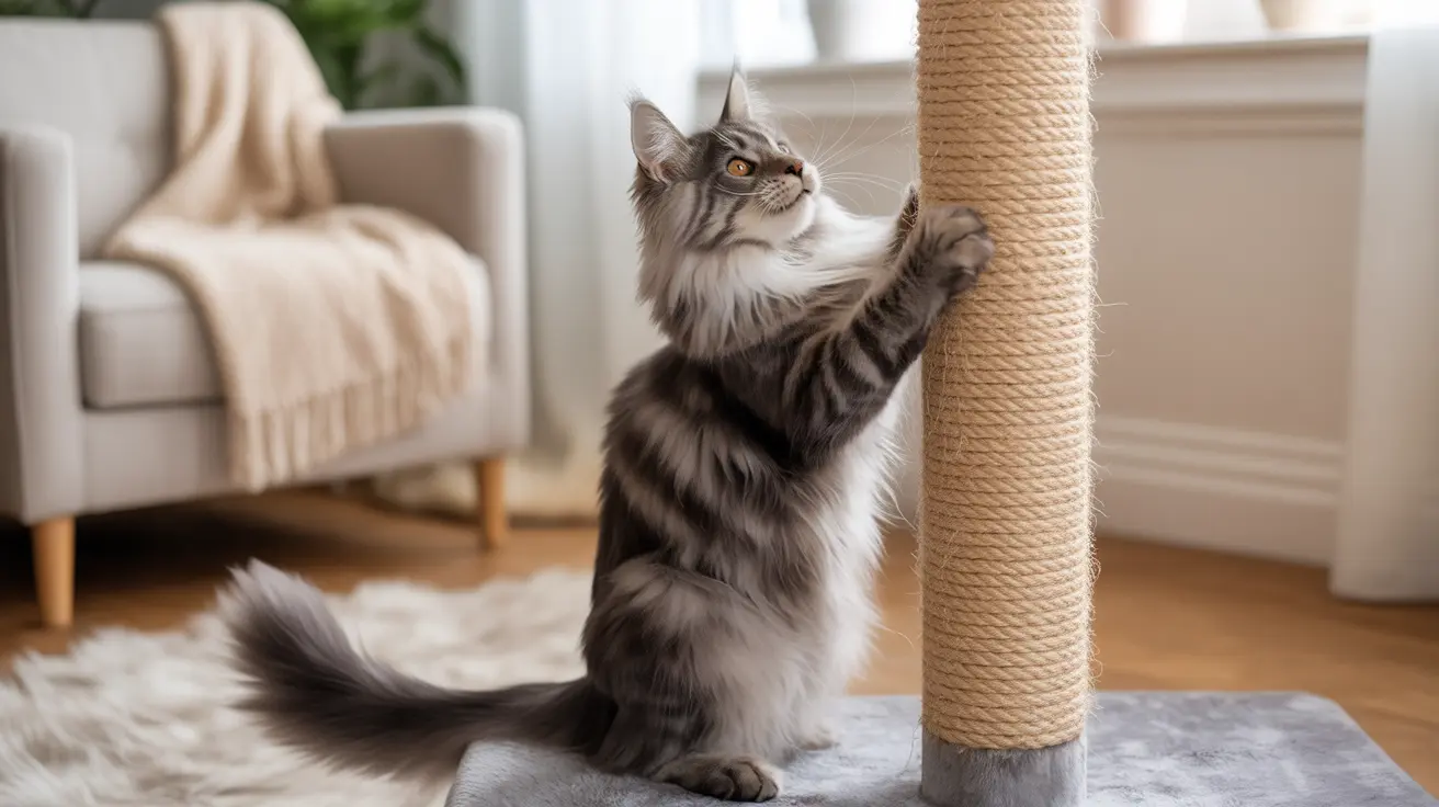 A fluffy gray and white Maine Coon cat scratching a sisal-covered post in a living room