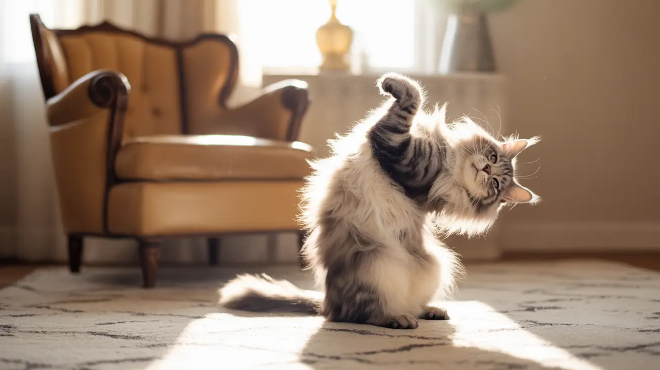 A fluffy Maine Coon cat stretching dramatically on a patterned rug in a sunlit living room