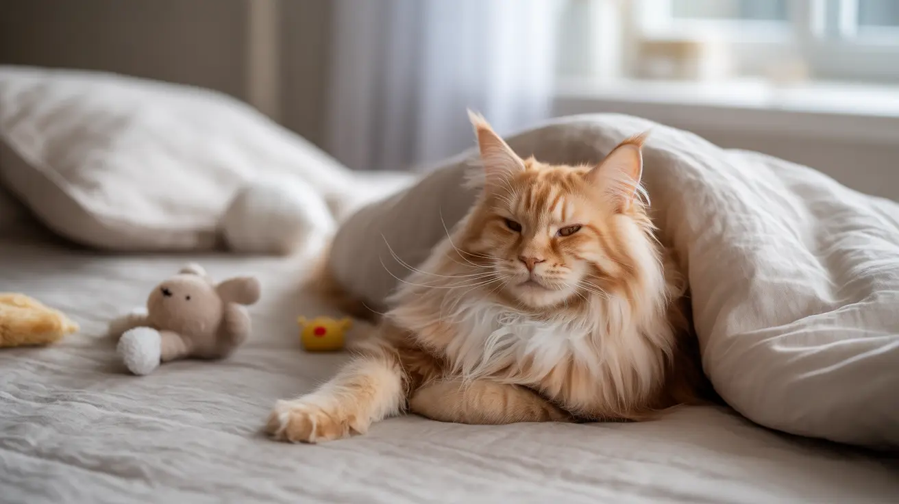 A fluffy orange and cream Maine Coon cat lounging on a bed with soft white linens.