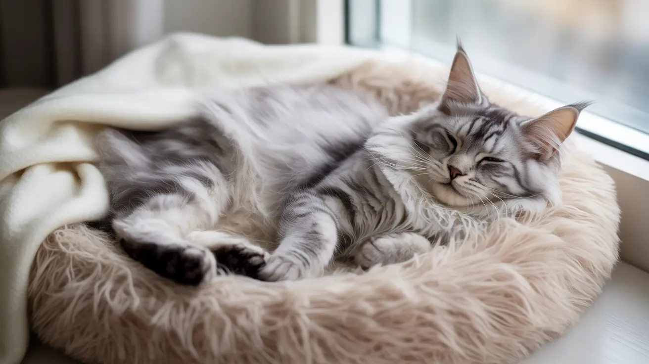 Fluffy Maine Coon cat peacefully sleeping on a soft fur blanket near a window