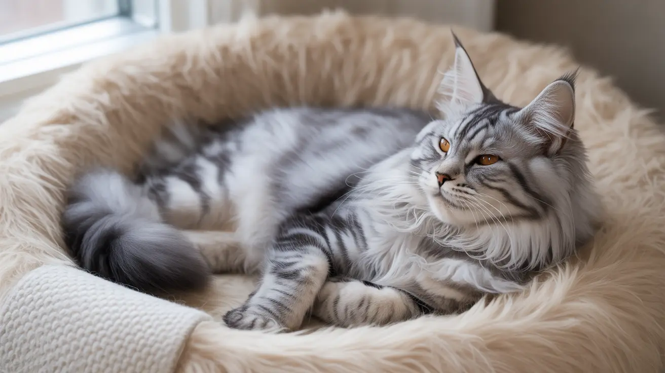 Maine Coon cat with silver tabby markings resting in a plush cream-colored pet bed