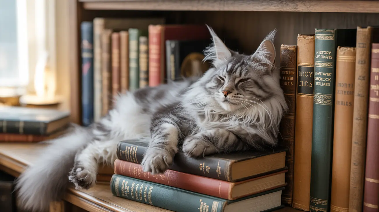 ふわふわのメインクーン猫が、居心地の良い本棚の中でヴィンテージの本の山の上に平和に眠っている様子