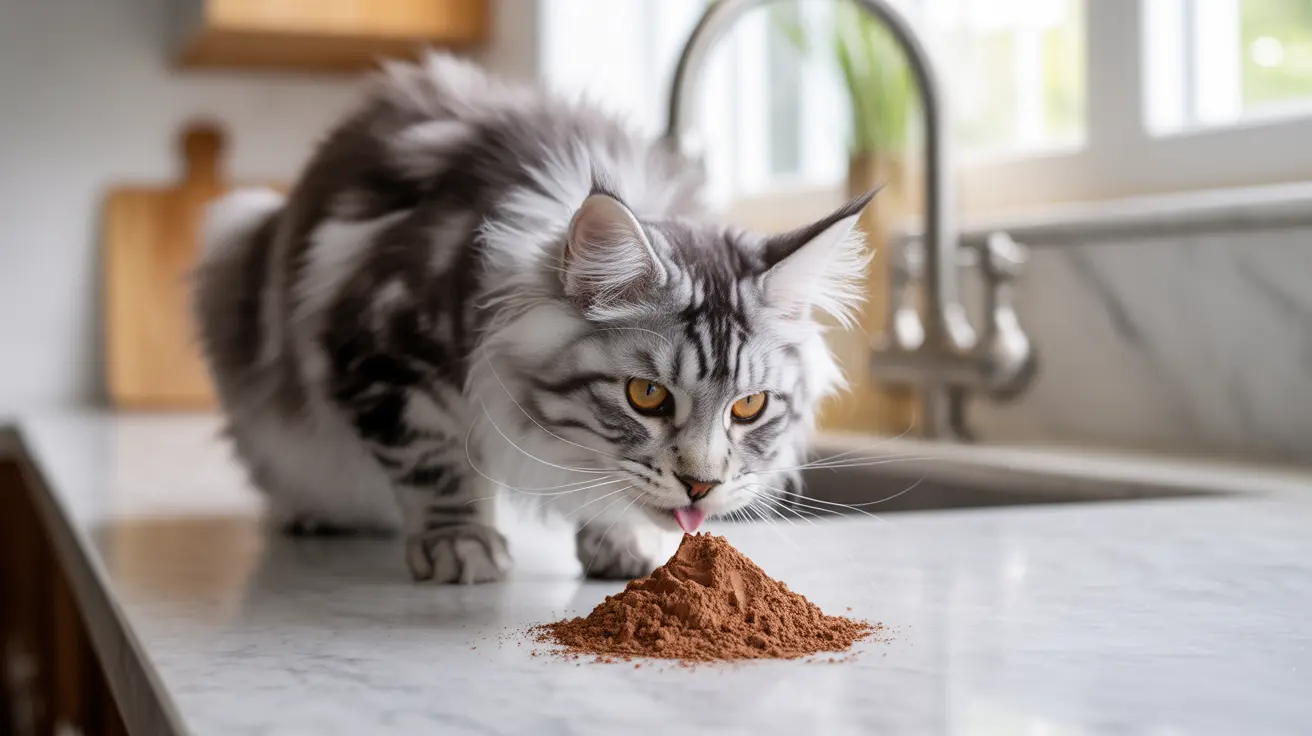 A fluffy silver and white Maine Coon cat sniffing a pile of brown powder on a kitchen countertop