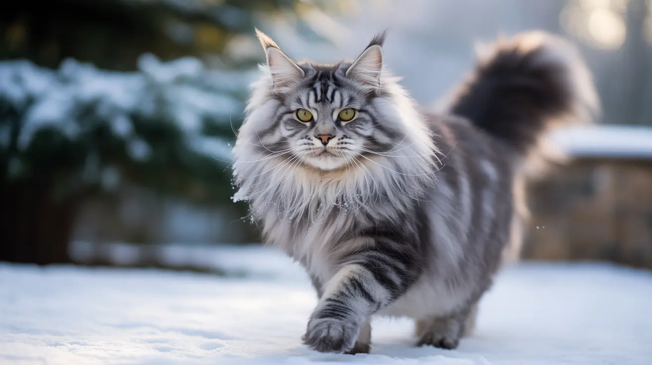 A majestic Maine Coon cat walking through a snowy outdoor setting with a confident stance.