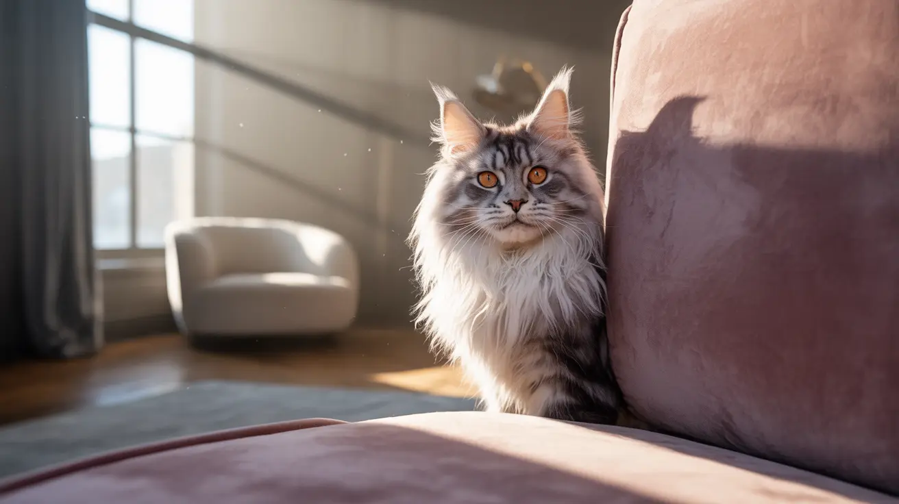 Majestic Maine Coon cat sitting elegantly on a sofa with sunlight streaming through a window