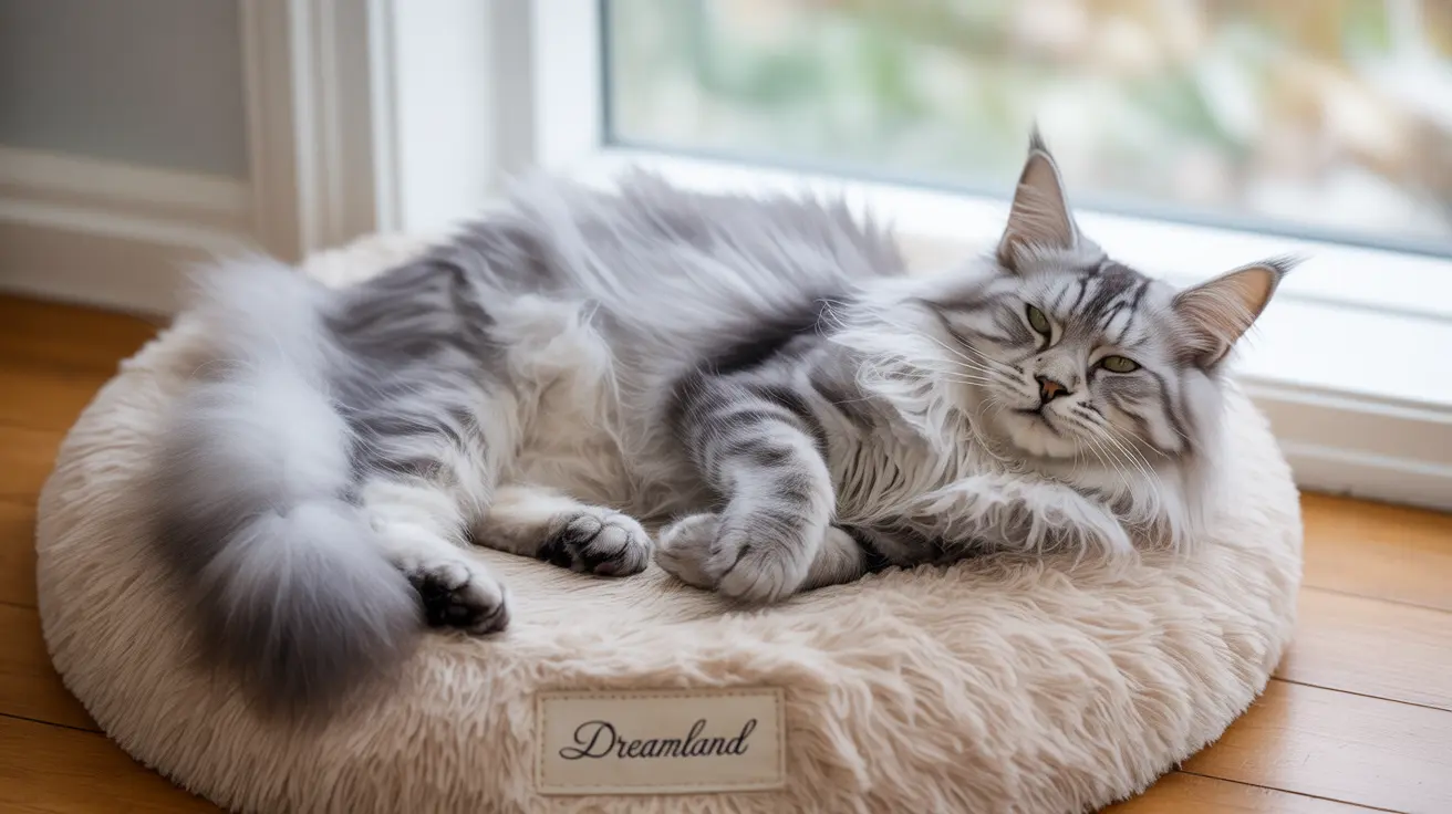 Fluffy gray and white Maine Coon cat lounging on a soft beige pet bed near a window