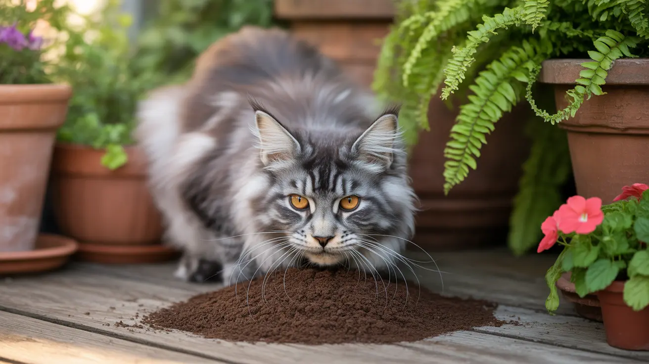 A fluffy Maine Coon cat sitting in a pile of soil on a wooden deck surrounded by potted plants and ferns