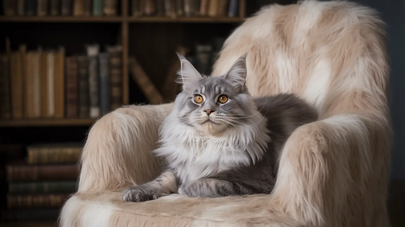 A majestic gray and white Maine Coon cat sitting regally on a fuzzy cream-colored chair with a bookshelf in the background