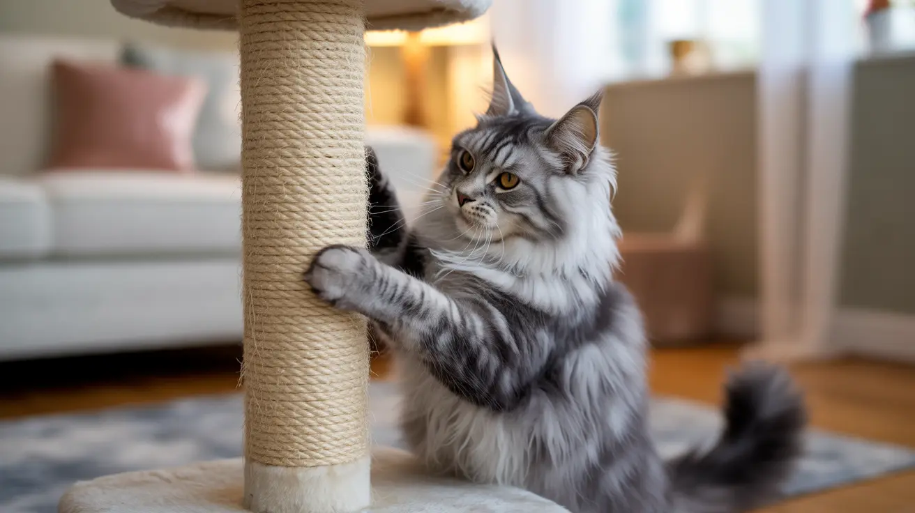 ふわふわした灰色と白色のメインクーン猫が、サイザル麻で覆われたキャットスクラッチポールで伸びをしながら爪とぎしている様子。