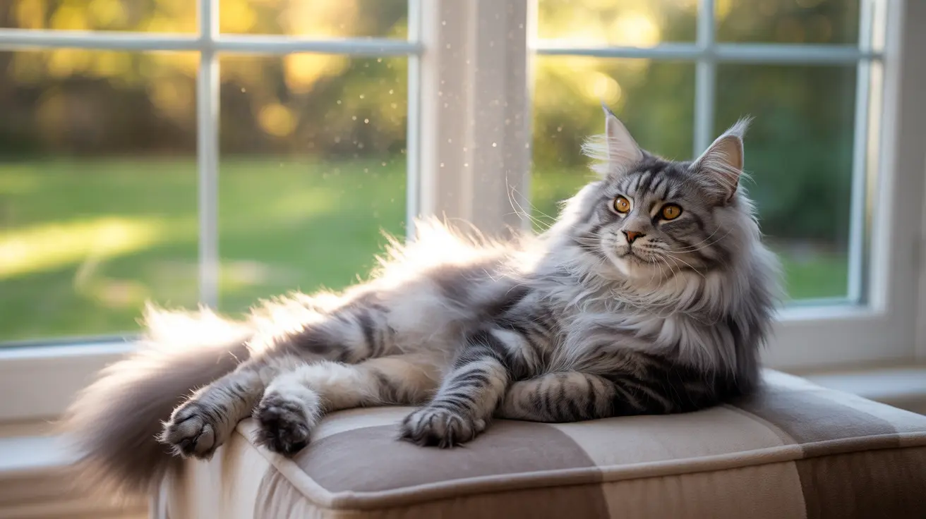 A majestic Maine Coon cat relaxing on a window seat bathed in soft golden sunlight