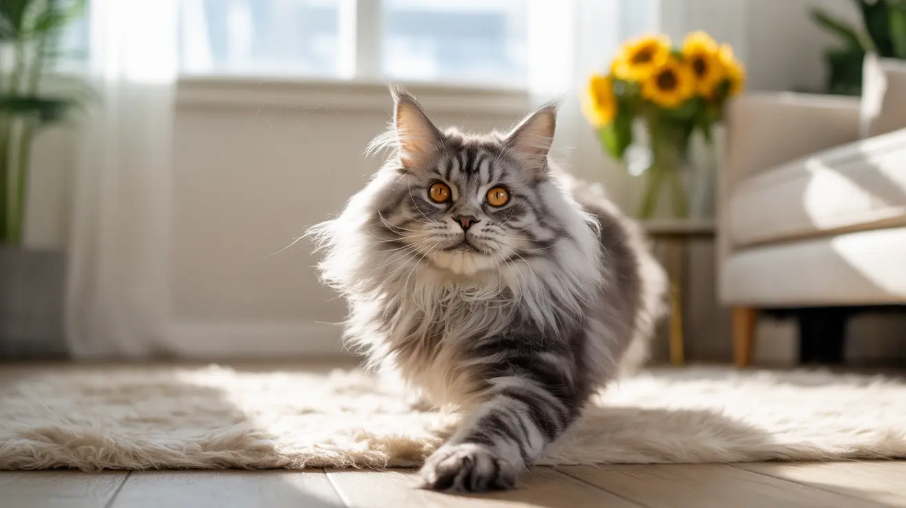 Majestic Maine Coon cat sitting elegantly on a soft fur rug near a sunlit window