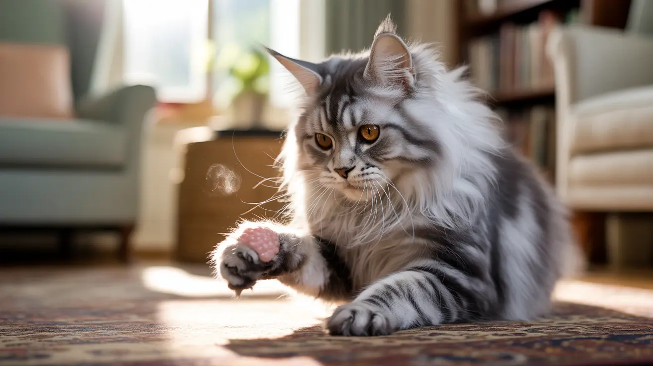 A majestic Maine Coon cat sitting elegantly on a patterned rug with sunlight highlighting its fluffy fur