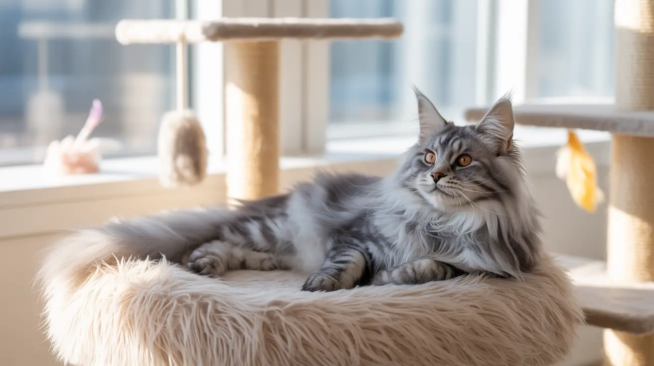 Majestic Maine Coon cat on a fluffy white bed in a sunlit room with cat trees