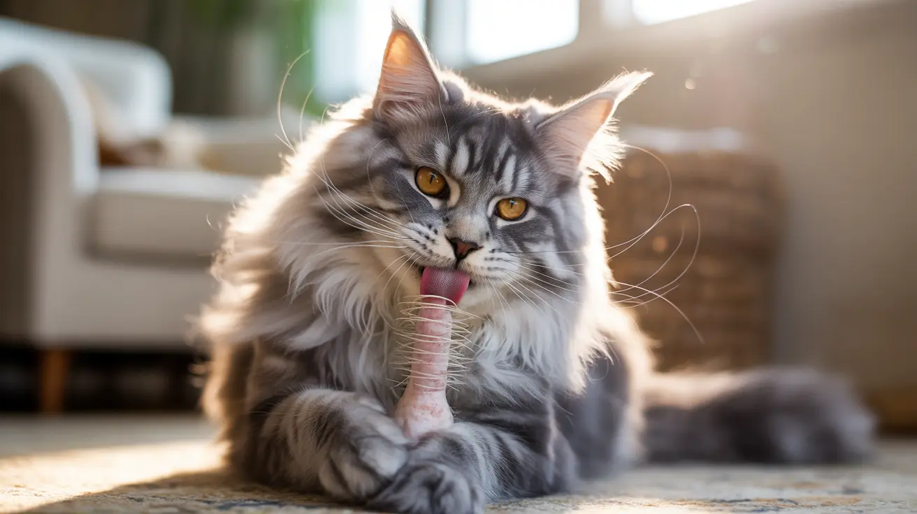 Majestic Maine Coon cat with long luxurious fur sitting in a sunlit room with its tongue playfully extended