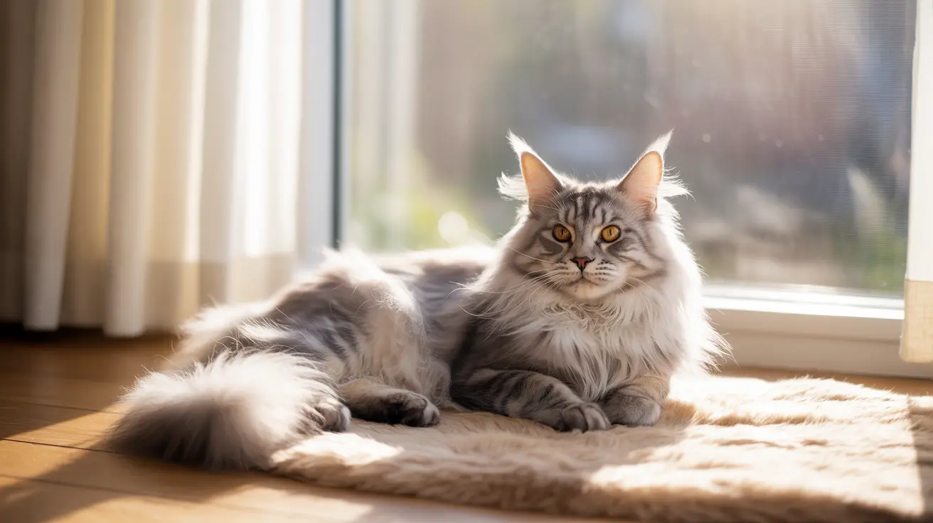 Un majestuoso gato Maine Coon descansando elegantemente en un área de ventana iluminada por el sol